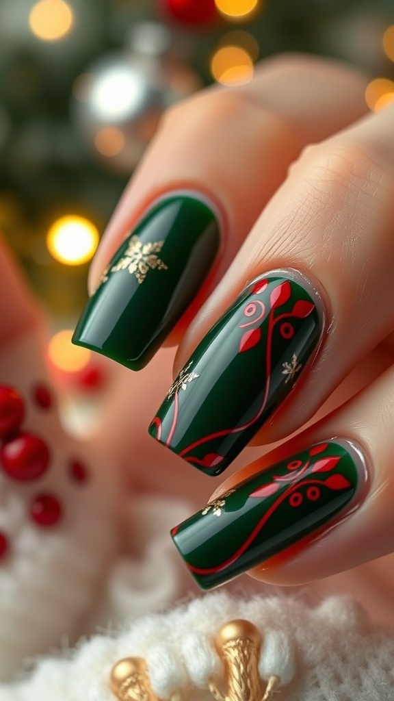 Elegant Old Money Christmas Nail Art Elegant Christmas nail art with green, red, and gold accents on a festive background.